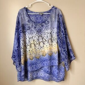 JM Collection Woman Blue Paisley  Layered Bell Sleeve Tunic Top Plus 2X Boho